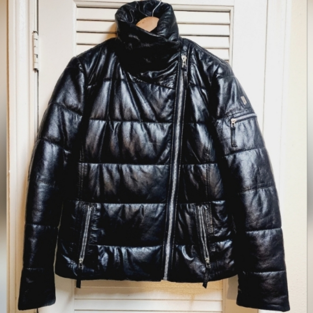 Mauritius Black Ethically Sourced Lamb Leather Puffer Jacket sz Large - Picture 2 of 8